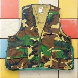 Vintage Woodland Camo Hunting Vest 90s Men XL Green Sports Afield Utility Zip Up - Picture 1 of 8