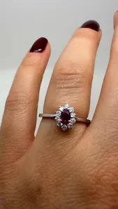 PLATINUM CLUSTER OVAL RUBY AND DIAMONDS RING 0.53CT GG241 - Picture 1 of 23