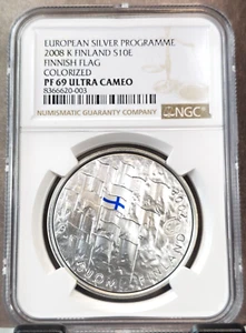 2008 FINLAND SILVER 10 EURO S10E FINNISH FLAG COLORIZED NGC PF 69 ULTRA CAMEO - Picture 1 of 3