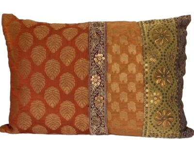 Pier 1 Imports Pillow Metallic Bronze Beaded Botanical Rectangular Boho 20x14 - Image 1 of 4