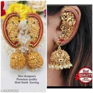 South Traditional Pearl Gold Plated Jhumka Earrings Ethnic Mat Finish JewelrySet - Picture 1 of 3