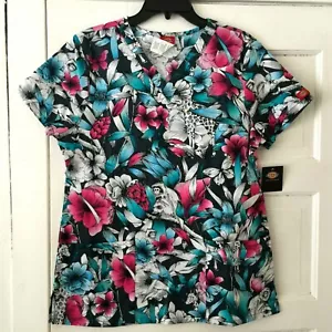 Dickies Women's Scrub Top Size S Jungle Print Floral V Neck Pockets Pink Green - Picture 1 of 3