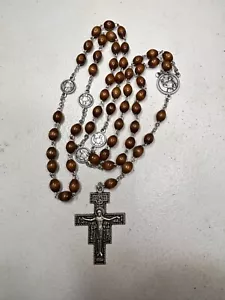 Vintage Rosenkranz Holz 1/4 Zoll Perlen 24 Zoll Länge Franziskus Gebet Italien Kreuz - Bild 1 von 5
