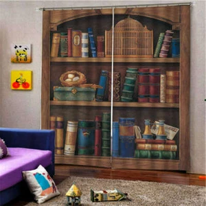 Bookshelf Golden Brown Birdcage Printing 3D Blockout Curtains Fabric Window - Bild 1 von 8