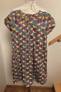MINI BODEN-S/S-BROWN W/MULTI BIRD PRINT-SHIFT DRESS-PUFF CAP SLVS-LINED-13-14Y - Picture 1 of 4