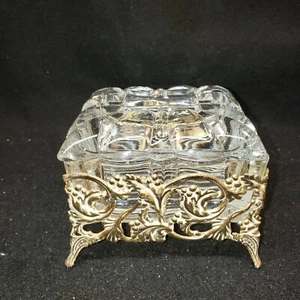 VTG 1960's Jewelry Casket Glass & Brass Filigree Retro Renaissance - Picture 1 of 9