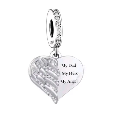 💖 Berloque Pai Meu Herói Coração de Anjo Genuíno Prata Esterlina 925 Pai Filha  - Imagem 1 de 2
