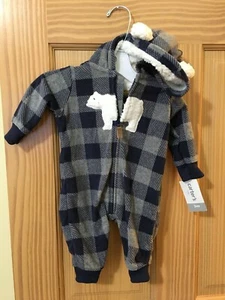 NEW Carter's Baby Boy 1 pc Fleece Romper Plaid Polar Bear Hooded Coverall - Picture 1 of 1