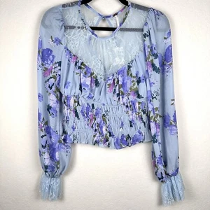 Free People Daphne Blouse Women’s Small Puffy Sleeve Lace Lightweight Flower Top - Picture 1 of 5