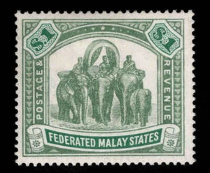 Estampilla MALAYA Scott 34 como nueva con bisagras, MH* $1 1907 Elefantes y Howdah con wmk 3 - Imagen 1 de 2
