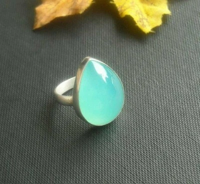 Tropfen Aquamarin Chalzedon Edelstein 925 Sterlingsilber Liebe Ring Ehe Geschenk - Bild 1 von 4