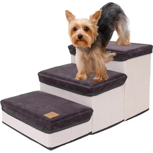 Foldable Dog Stairs Pet 3 Steps For Bed Sofa Cats Ladder Ramp with Storage Box - Picture 1 of 5