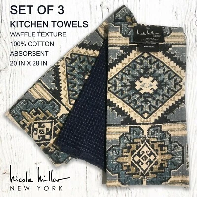 Toallas de cocina de algodón Nicole Miller 3 piezas azul gofre envejecido/beige azte Foto 1 de 4