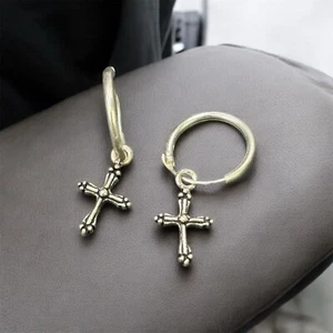 Cerchietti da lobo canna tubolare con pendente Croce Argento 925 Sterling - Foto 1 di 5