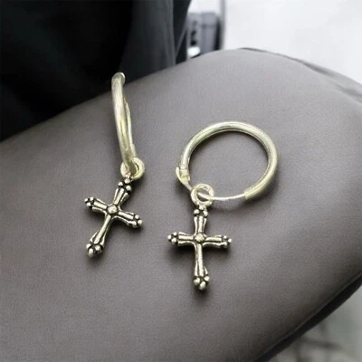 Cerchietti da lobo canna tubolare con pendente Croce Argento 925 Sterling - Immagine 1 di 4