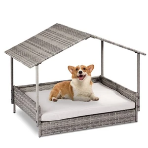 Elevated Rattan Dog Bed with Canopy Washable Cushion Indoor Outdoor Pet House - Picture 1 of 7