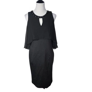 SLNY Size 10 Black Beaded Layered Cape Sleeveless Cold Shoulder Midi Dress NWT - Picture 1 of 11