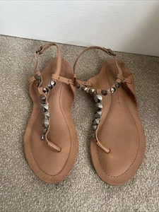 Zara Tan Leather Grey Gemstone Toe Post Sandals Size 37 / 4 - Picture 1 of 5