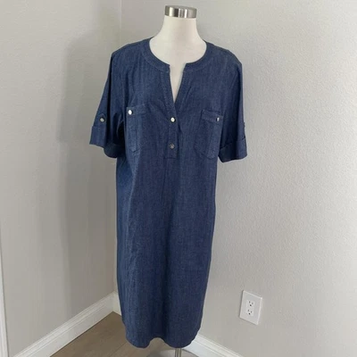 NEW Anne Klein Shirt Dress Womens Plus 2X Dark Wash Blue Chambray Denim - Image 1 of 4