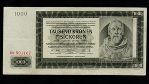 1000 KORUN VF BANKNOTE FROM GERMAN OCCUPIED CZECHOSLOVAKIA/BOHEMIA 1942 PICK-14 - Picture 1 of 2