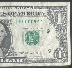 (LOW THREE DIGIT STAR NOTE!) $1 Rare 250K Fancy Serial Number Star I00000927* - Picture 1 of 4