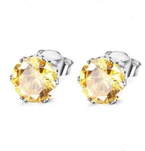 3mm CZ Stud Earrings, Yellow Topaz November Birthstone, Hypo Stainless Steel 316 - Picture 1 of 8