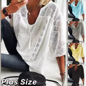 Plus Size Womens Cotton Linen Lace Tunic Tops Loose Boho Cover Up T-Shirt Blouse - Picture 1 of 25