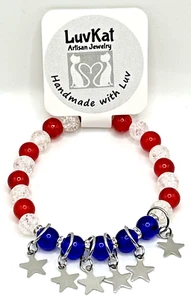 Patriotic American Flag STRETCH Charm Bracelet USA Red/White/Blue with Stars 7" - Picture 1 of 3