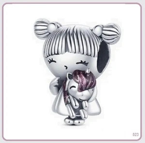 Genuine 925 Sterling Silver Fashion Charm 3D GIRL CHILD & UNICORN 14mm x 8mm - Picture 1 of 1