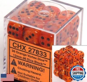 Chessex Würfel D6 Sets: Vortex Orange mit Schwarz - 12 mm Sechsseitige Würfel (36) Block - Bild 1 von 1