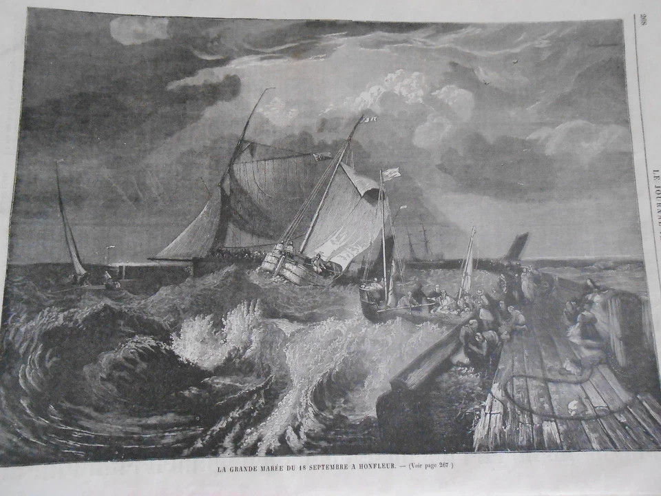 Gravure 1864 - La Grande Marée à Honfleur - Photo 1/1