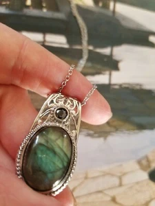 Genuine Malagasy Labradorite Cubic Zircon Black Diamond Stainless Steel Pendant - Picture 1 of 11