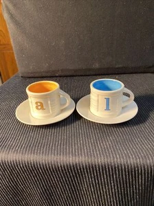 2 Nantucket 3oz Cups & Saucers Home White & Blue W/#1 & Yellow & White W/ An a - Picture 1 of 12