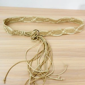 Womens Macrame Belt M Beige Woven Leather Rope Tassel Beach Hippy Boho Whimsy - Picture 1 of 8