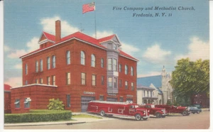 Fredonia NY New York - Fire Department & Methodist Church Linen Postcard C1945 - Picture 1 of 2