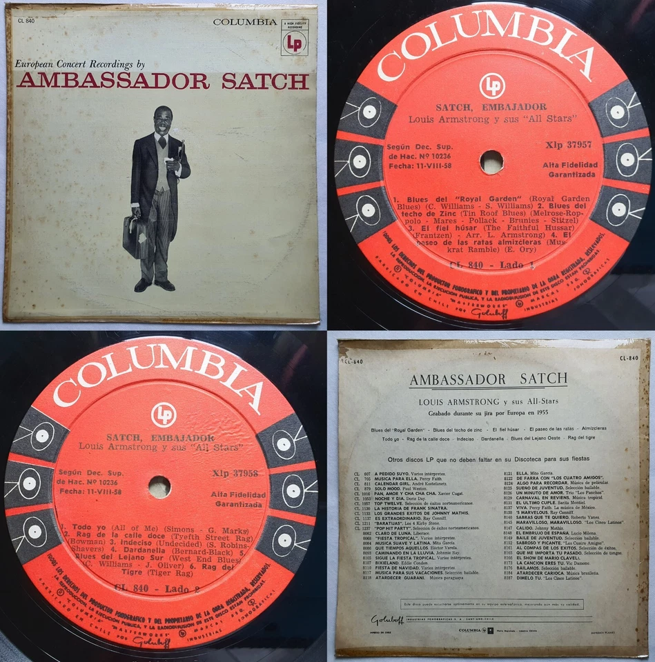 LOUIS ARMSTRONG AMBASSADOR SATCH 1959 HI-FI MONO UNIQ CVR & ERRORS CHILEAN PRESS - Image 1 of 4