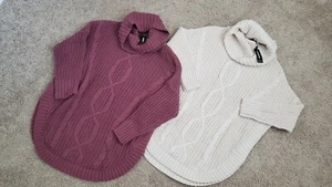 2 NWT Express Turtle Neck Sweater Cable Knit Size XXS dusty rose ivory - Picture 1 of 3