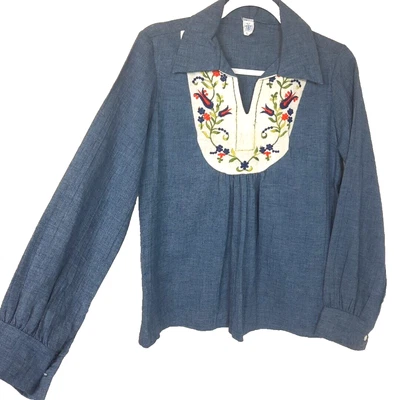Vintage 70s Embroidered Big Collar Smock Top Large Union ILGWU Blue Hippie Boho - Image 1 of 4