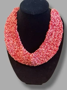 Natasha Ladies Statement Necklace Coral Colored Seed Bead Woven Choker Necklace - Picture 1 of 9