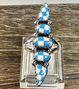 Native Southwest Style Sterling Silver Turquoise & White Checkerboard Ring 8.5 - Imagen 1 de 9