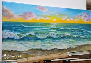 Art 10"/20" Stretched Canvas, Sunset, Original Oil Painting, Seascape , Ocean - Picture 1 of 3