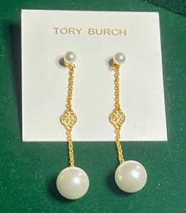 Tory Burch Gold & Pearl Logo Drop Earrings - Picture 1 of 4