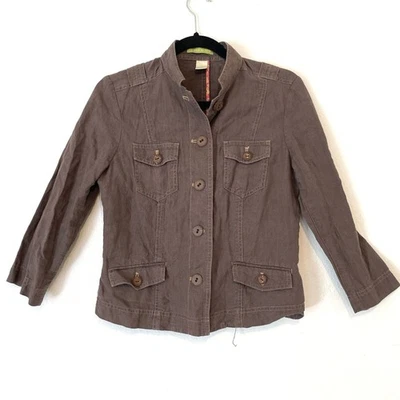 Sigrid Olsen Linen Shirt Jacket Women Size 4 Brown Button Down Pockets Utility - Image 1 of 4