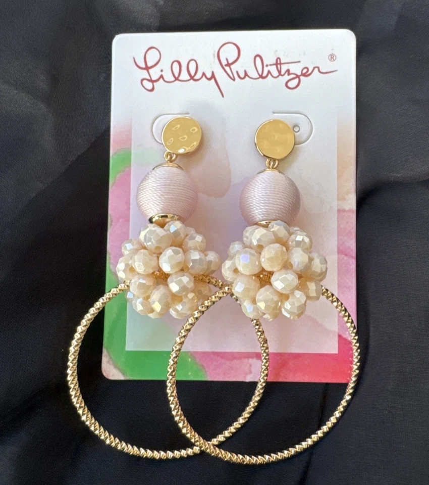NWT Lilly Pulitzer Pink Cream Pearl Gold Hoop Drop Earrings Pierced Gift Bag — 第 1/1 张图片