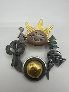 Vintage LCI La Terre Earth Brooch Pin Brass Pewter Sun Tree Planet 90s Jewelry - Picture 1 of 8