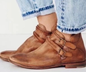 FREE PEOPLE "Braeburn" Size 36EU/6US Distressed Brown Leather 2-Strap Bootie - Picture 1 of 17