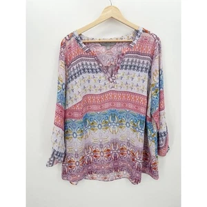 Valerie Stevens Pink Red Floral V Neck Sheer Lightweight Blouse Women Size 2X - Picture 1 of 8