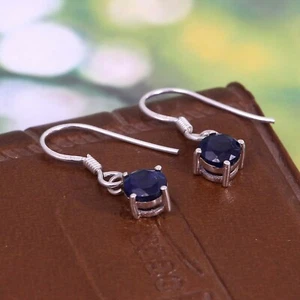 Natural Blue Sapphire Hook Dangle Earrings 925 Sterling Silver Dainty Gift Her - Picture 1 of 3