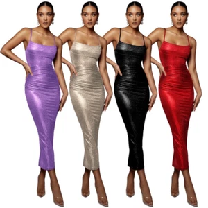 Mujeres Formal Fiesta Noche Vestido Sexy Plisado Bodycon Brillante Largo Sin Mangas Vestidos - Imagen 1 de 16