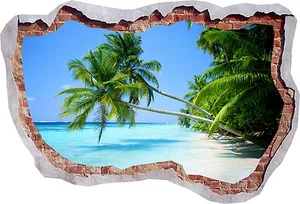 Beautiful Beach Palm Tree Sea 3D Effect Smashed Wall View Sticker Poster 434 - Picture 1 of 1